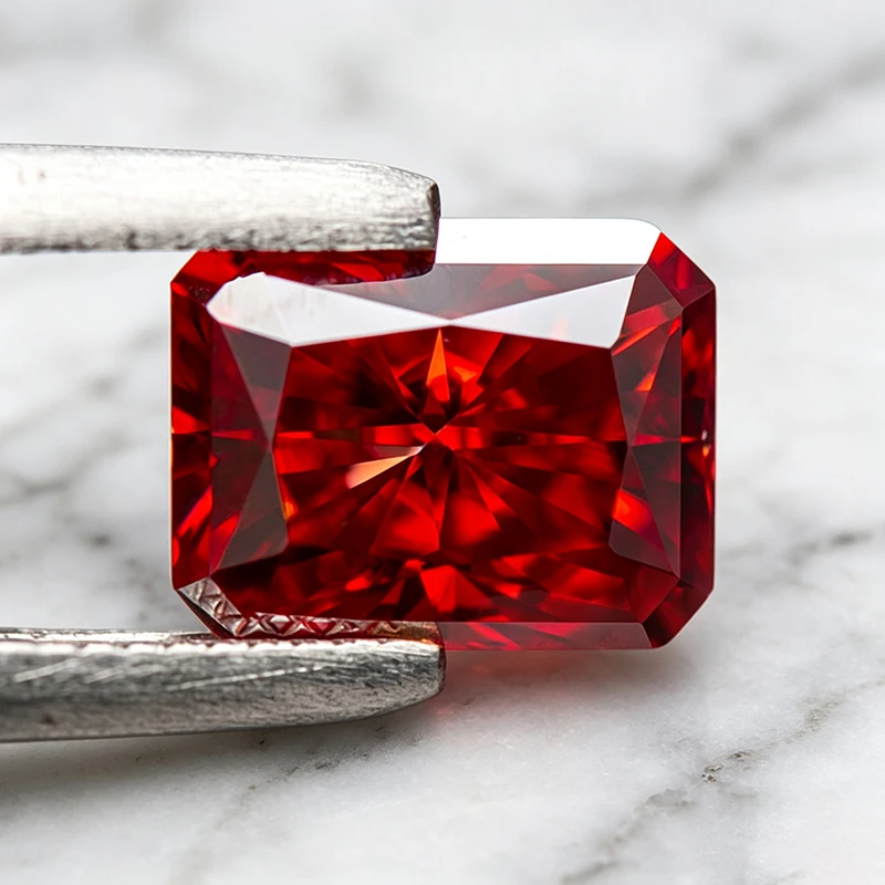 Moissanit-Stein im Radiantschliff, Granatrot, Edelstein-Anhänger für Fortgeschrittene Schmuckherstellung, Besteht Diamanttester mit Zertifikat – Detail 5