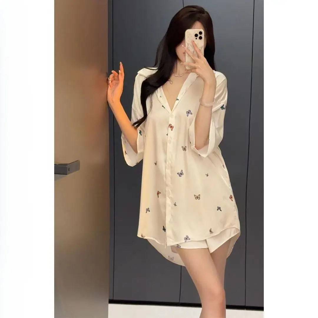 Elegant  Silk Sleepwear Set Women's Summer Home Clothes Thin Short Pants Shirt Dress Lightweight Ice Silk Pajamas