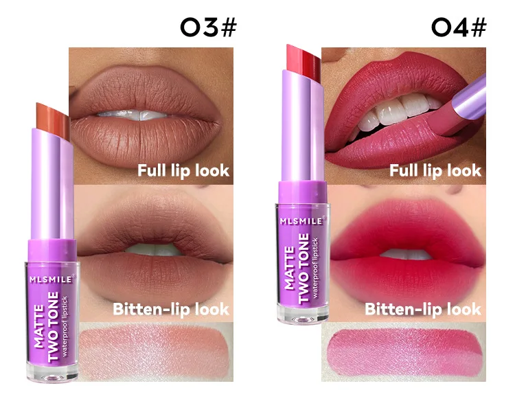 Tweekleurige lippenstift Parelmoer Lipliner Natuurlijke matte lipbijtende make-up Blijvende hydraterende matte make-up Lipgloss make-up