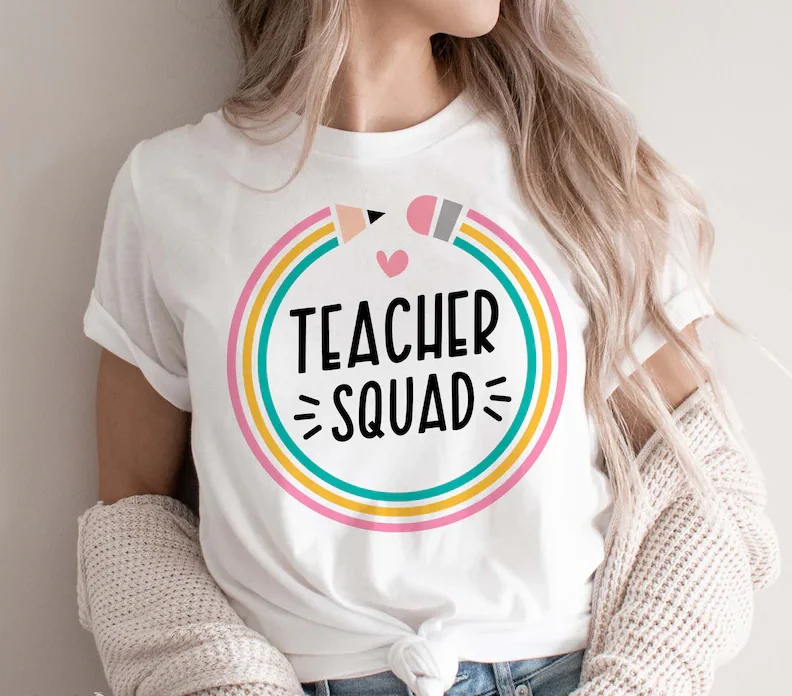 Teacher Squad vibes Back to School Gift for teacher Sublimation Short Sleeve Top Tees 100%Cotton Streetwear goth Drop shipping