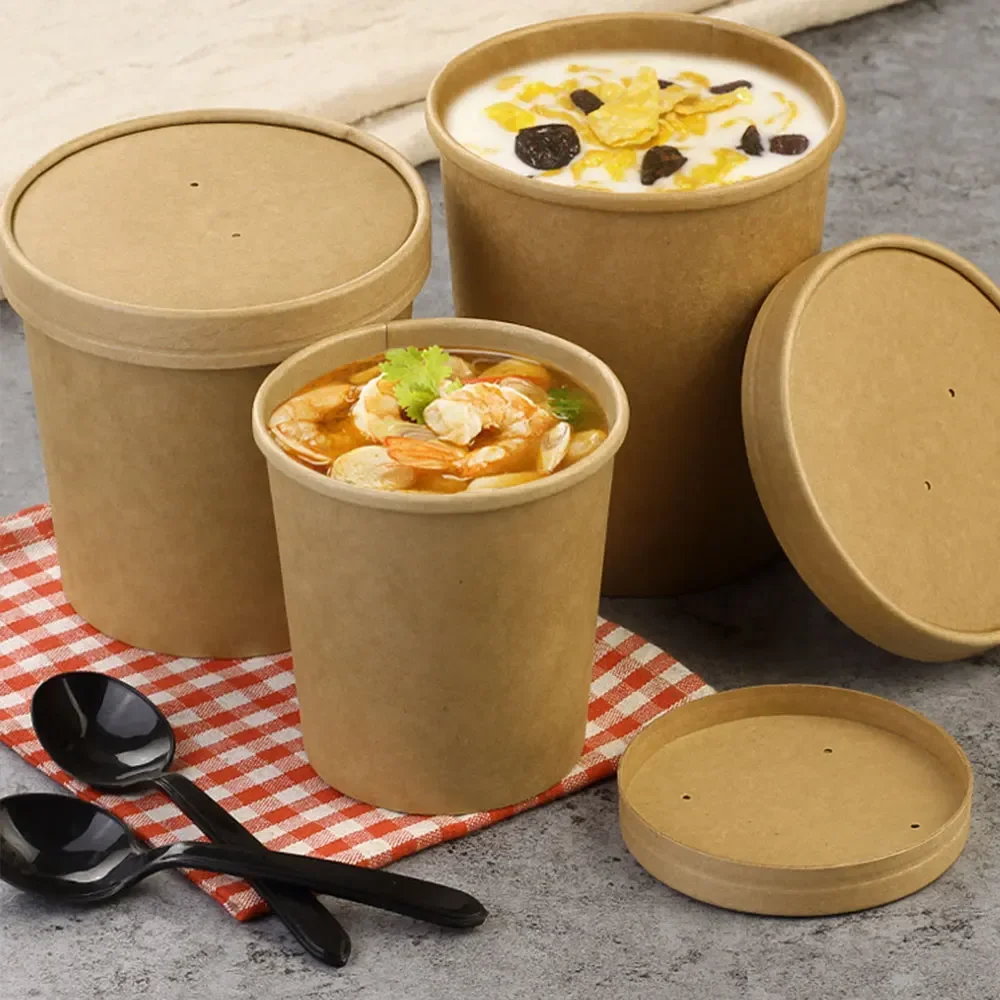 Cheapest Disposable Kraft Paper Bowl 500ml Round Salad Dessert Food Snack Ice Cream Takeaway Packaging Cup with Lids 10pcs/lot