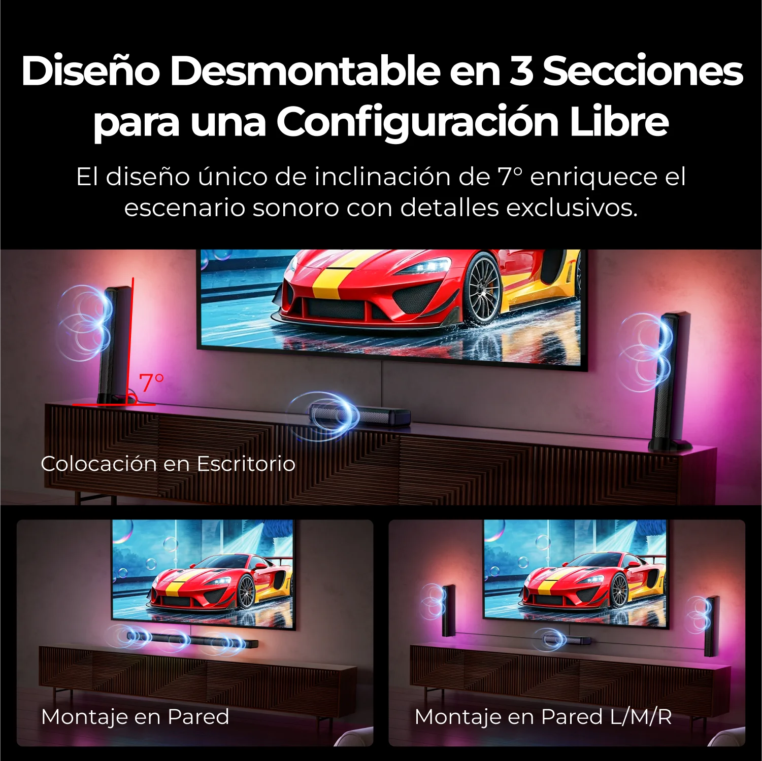 Barra de Sonido Envolvente ULTIMEA 7.1 con 2 Altavoces Envolventes y Subwoofer de 6.5 Pulgadas, Sistema de Sonido Envolvente para TV con RGB, Control por Aplicación