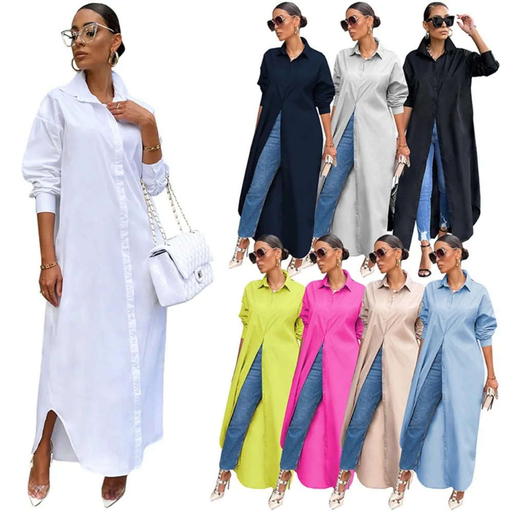 Women\'S Shirt Dress Fashion Chiffon Long Sleeve Cardigan Coat Soild Colors Shirt Top Blouse Ladies Elegant Maxi Shirt Dress