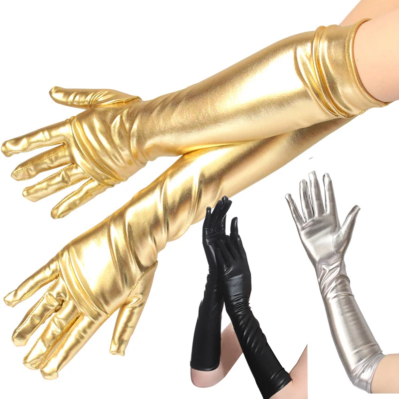 45cm Long Leather Metallic Gloves Sliver Gold Sexy Stretch Dance Glove Evening Party Performance Mittens Nightclub Dance Glove