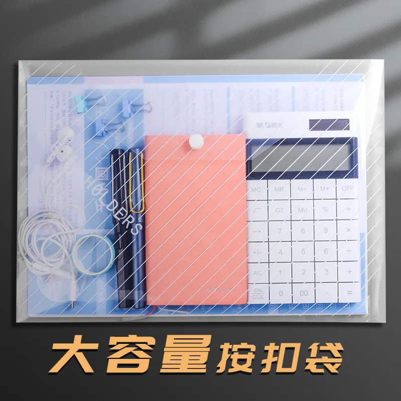 Transparente Snap Button File Bag, pastas de estudante, documentos oficiais, materiais impermeáveis, informações Testing Papers, Office Work, A4