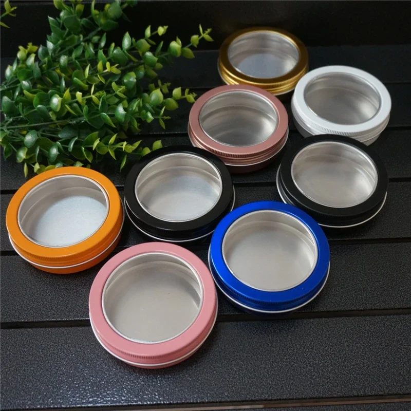 100g ML Gold Empty Round Aluminum Tin Cans Bottle with Window Lids,Pink Skylight Aluminum Box Black Cream Box Tea Aluminum Jar