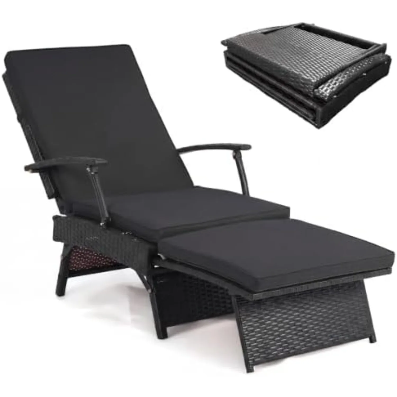 Folding Wicker Chaise Lounge (1,Black) | Slide-Out Ottoman, 11-Level Adjustable Backrest to Flat, Sun-Proof PE Rattan &