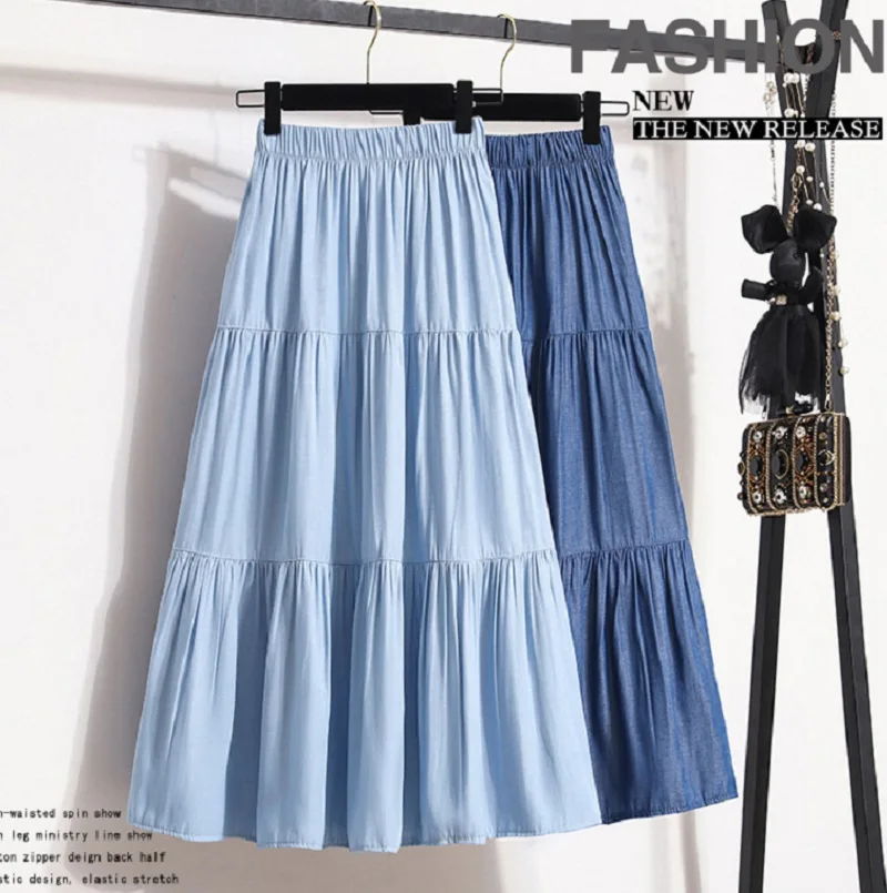 Women's Spring and Summer Ice Cool Denim Color Spliced A-line Skirt Female Elastic  Waist Tencel Big Swing Mid Long Thin Skirt