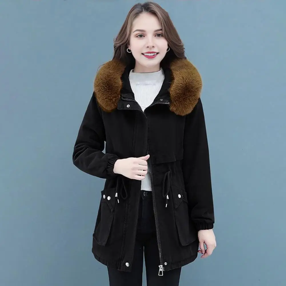 

Thickened Winter Women's Cotton Jacket Fur Collar Waist-Cinching Warm Coat Medium-Length Parka Loose Hooded Jacket Outwear