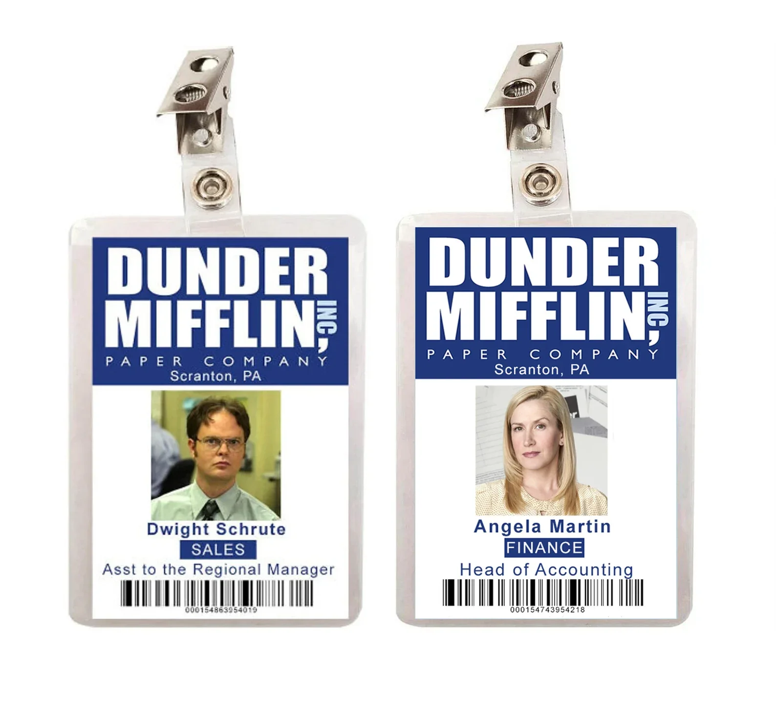 the Office Cosplay ID Badges Set - Dwight Schrute Angela Martin Dunder Mifflin Ron Burgundy & Veronica - 4 Piece Costume Name Ta