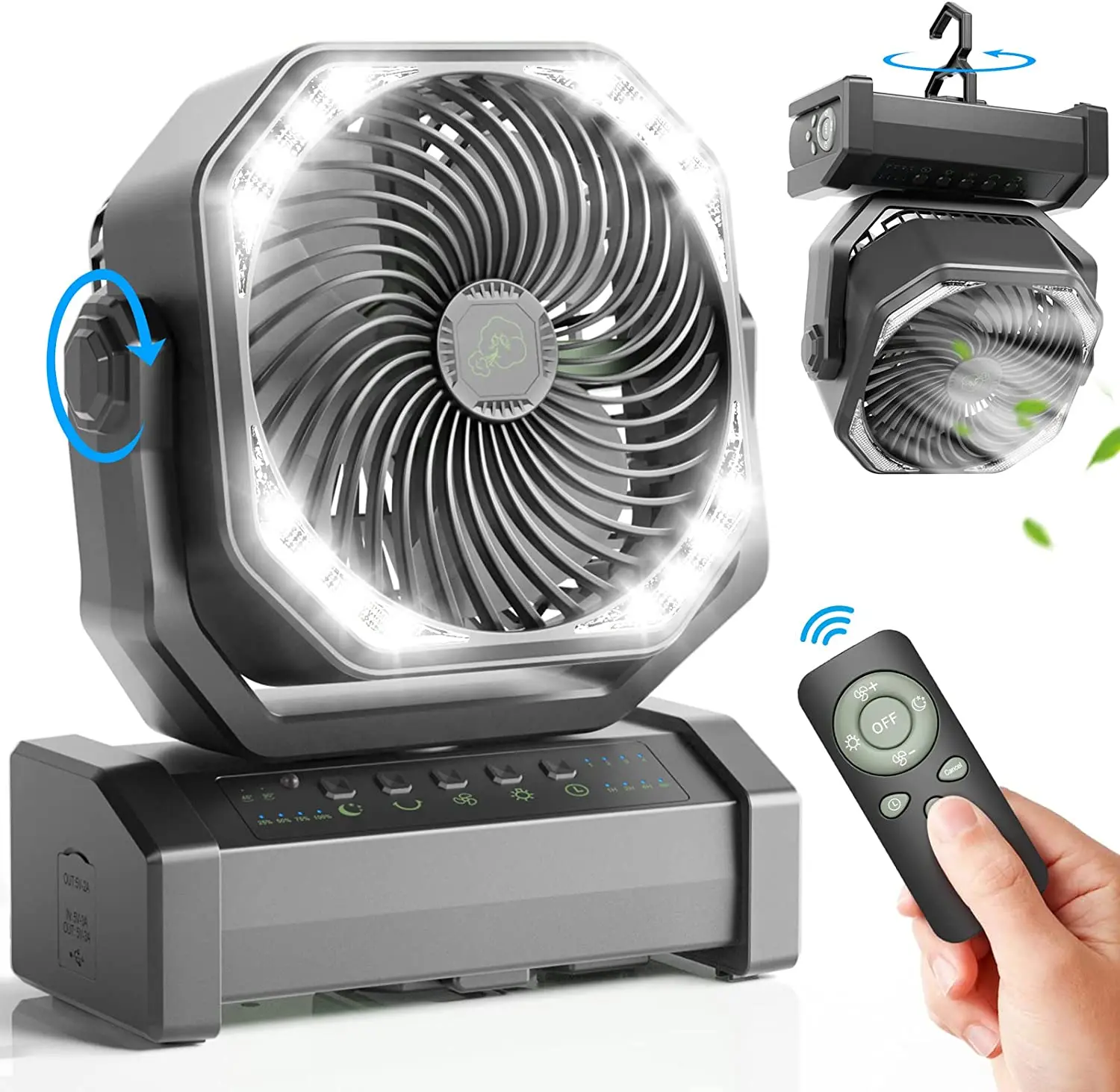 20000mAh Camping Fan Auto-Oscillating Rechargeable Household Electric Fan Air Circulators Outdoor Desk Tent Fan with Hook/Timer