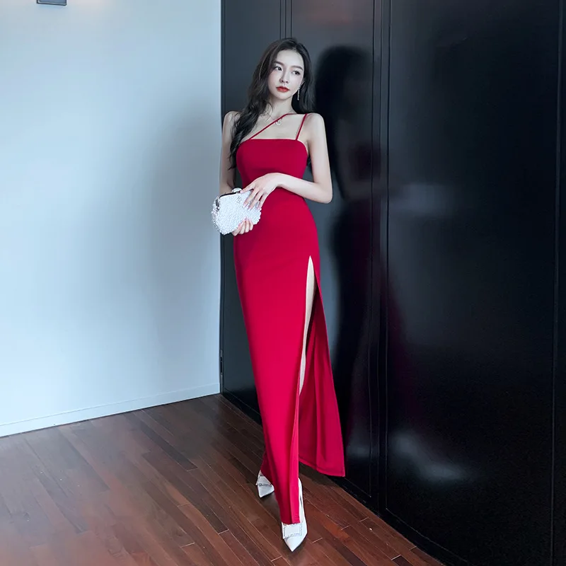 Sexy Oblique Shoulder Tube Top High Slit Mopping Female Dress Socialite Elegant Backless Slim-Fit Sheath Drop-down Evening Dress