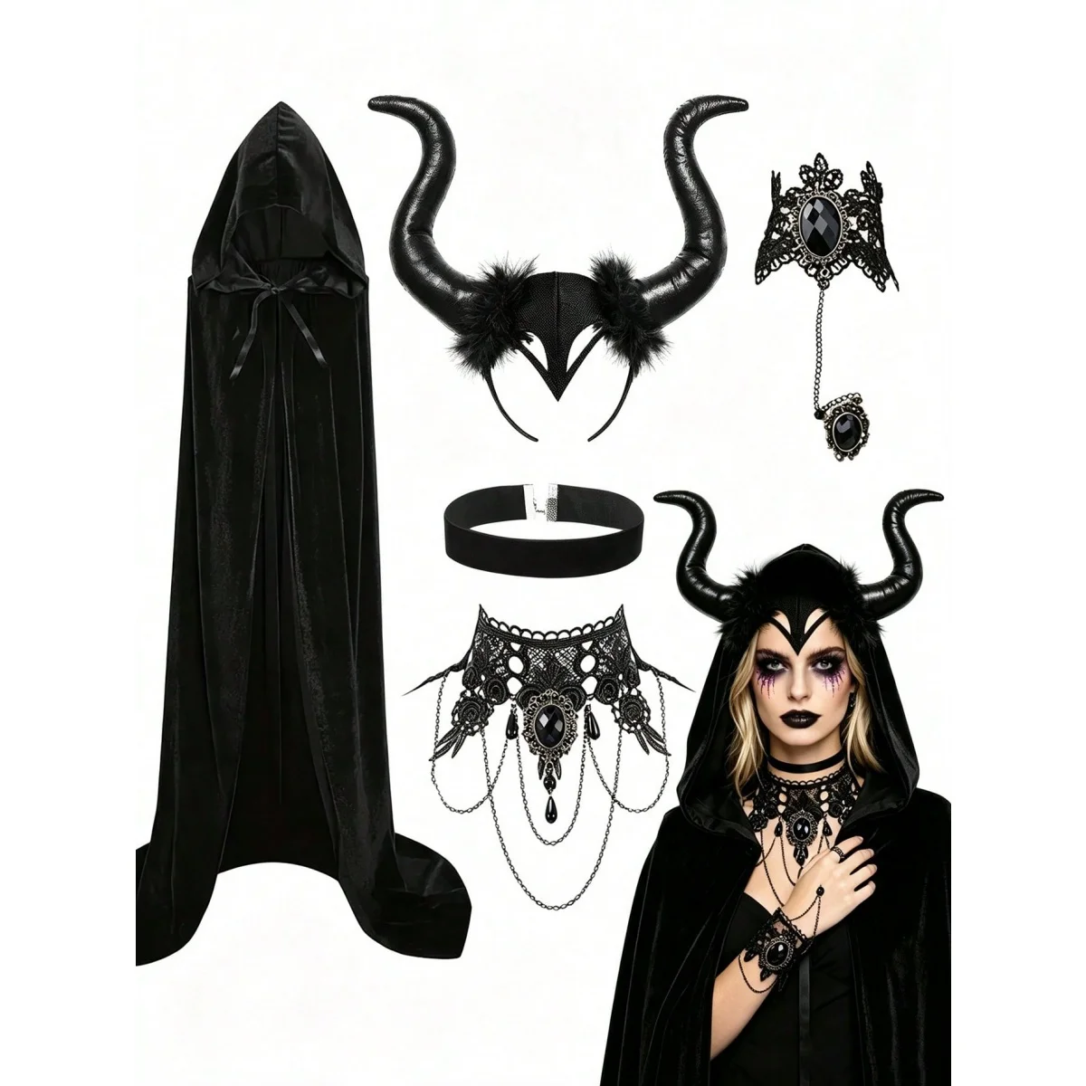 1/5-teiliges Halloween-Kostüm-Accessoire-Set, Spitzenkette, Horn-Stirnband, Armband, Halsband, Umhang, Hexen-Cosplay-Requisiten für Partys.