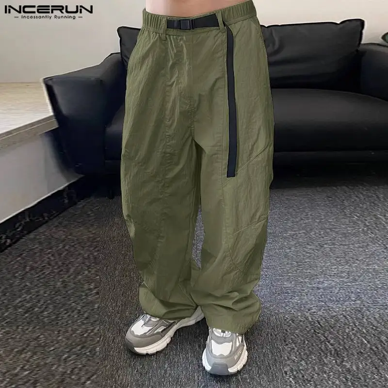 INCERUN 2024 Korean Style Trousers Fashion New Men's Loose Straight Leg Long Pants Casual Streetwear Solid Cargo Pantalons S-5XL