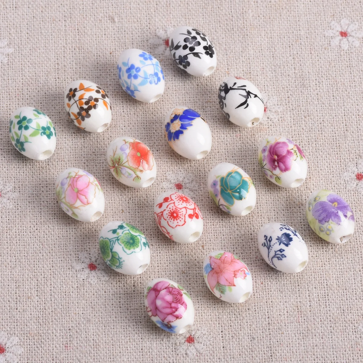 Cuentas sueltas de porcelana y cerámica, 10 piezas, 11x15mm, 13x18mm, patrones de flores, forma ovalada, joyería artesanal