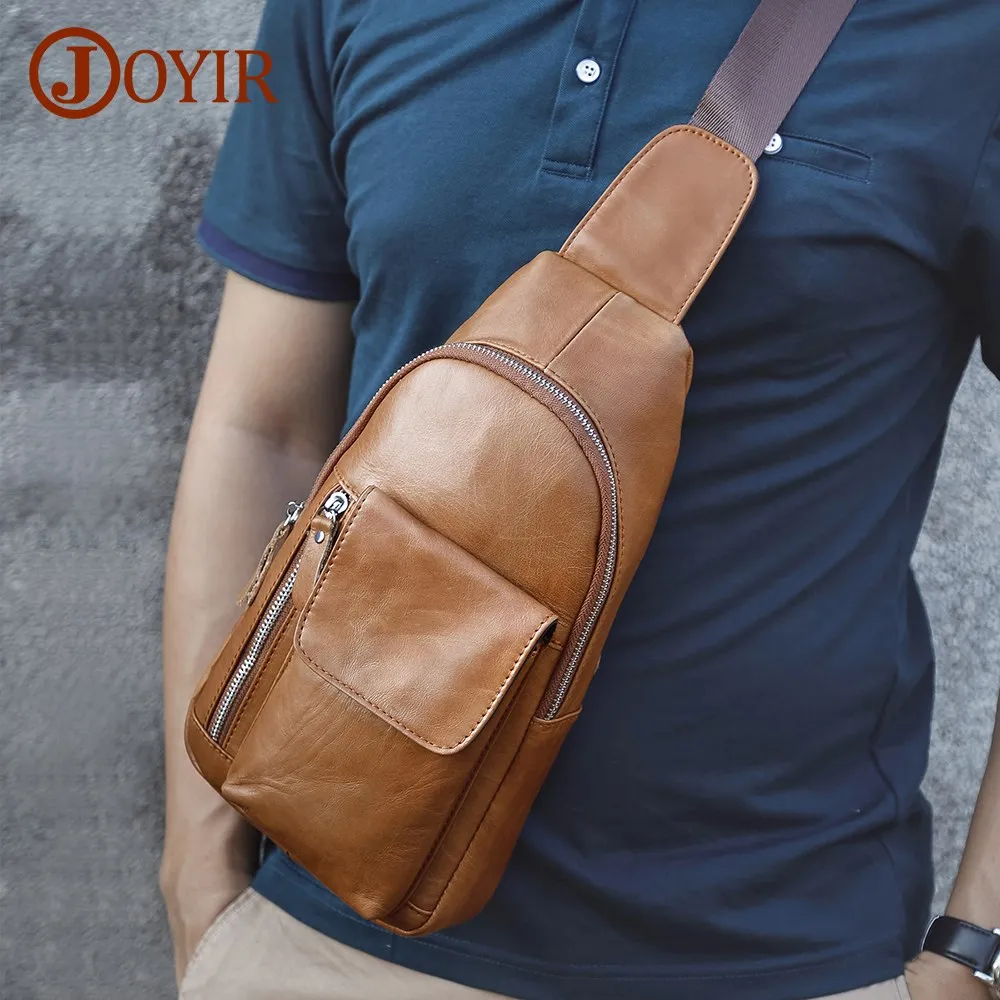 

JOYIR Genuine Leather Men's Sling Chest Bag Shoulder Bag for 7.9" Ipad Fashion Crossbody Bags Outdoor Travel Messenger Bag