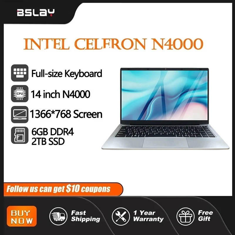 Laptop 14 Inch Intel Celeron N4000 6GB RAM 2TB SSD DDR4 Win11 HD Camera Notebook HDMI 2.6 GHz 180° Fold Wifi6 Portable Computer