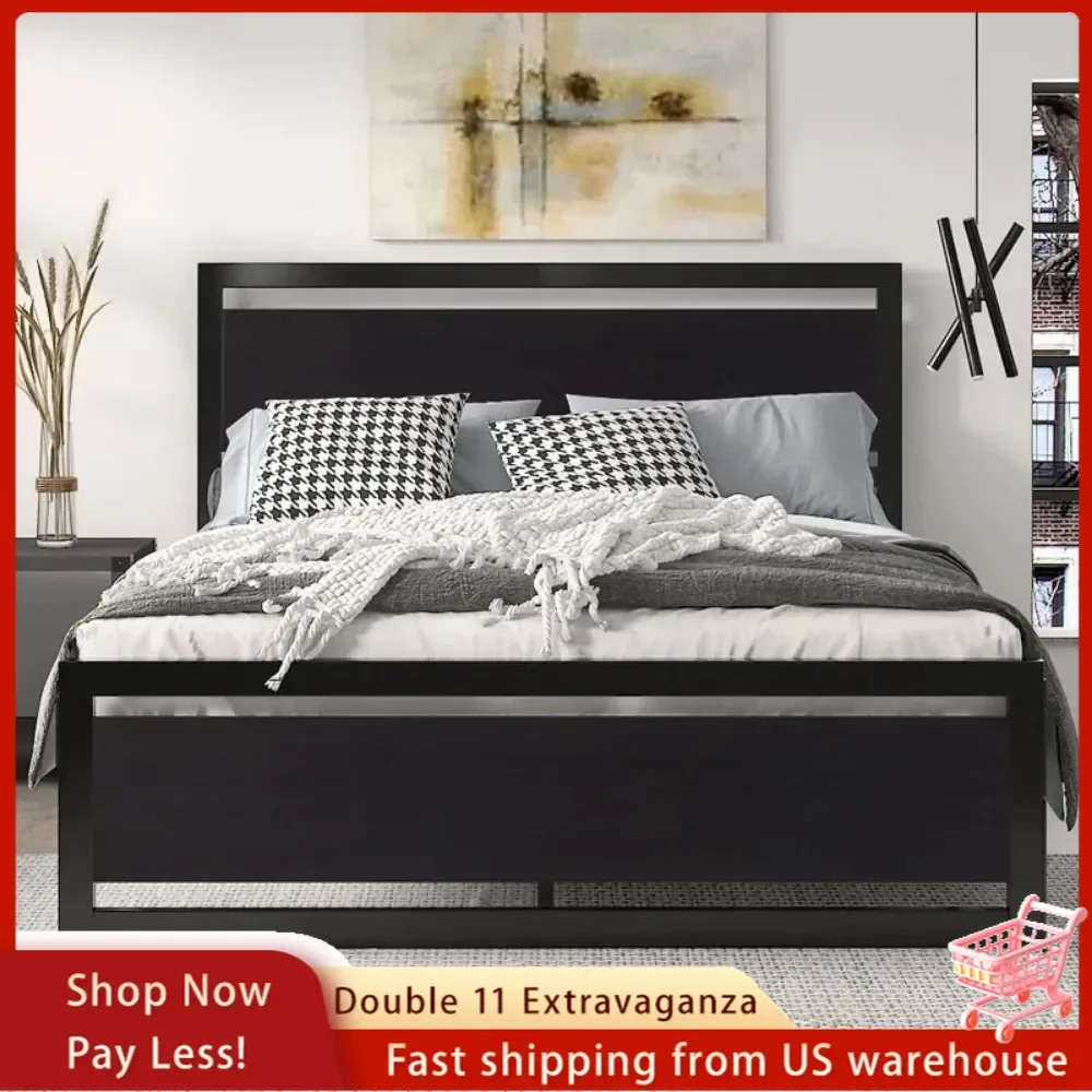 Size Bed Frame with Modern Wooden Headboard/Heavy Duty Platform Metal Bed Frame with Square Frame Footboard & 13 Strong Metal