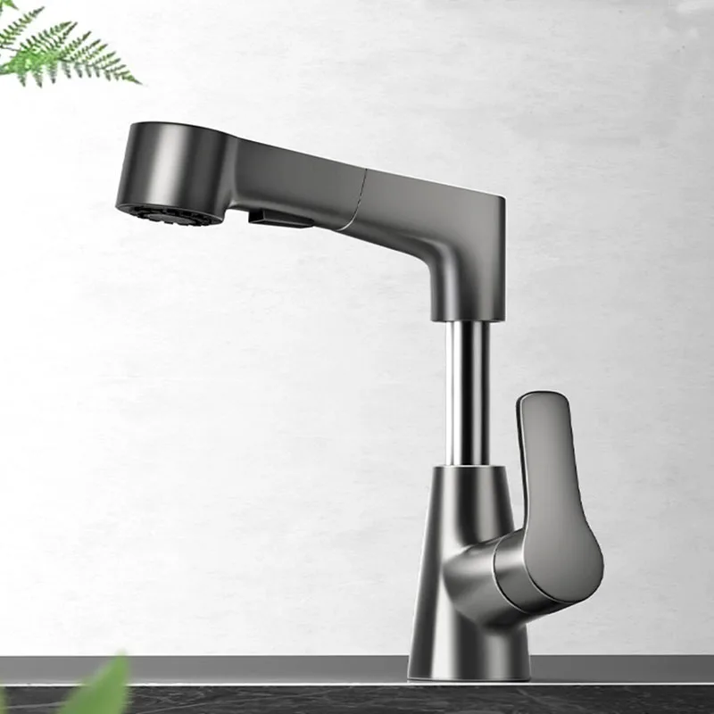 

Adjustable Height Pull Down Bathroom Sink Faucet, 360° Swivel Spout with Two Spray Modes, Copper Alloy (Black/Silver/White)
