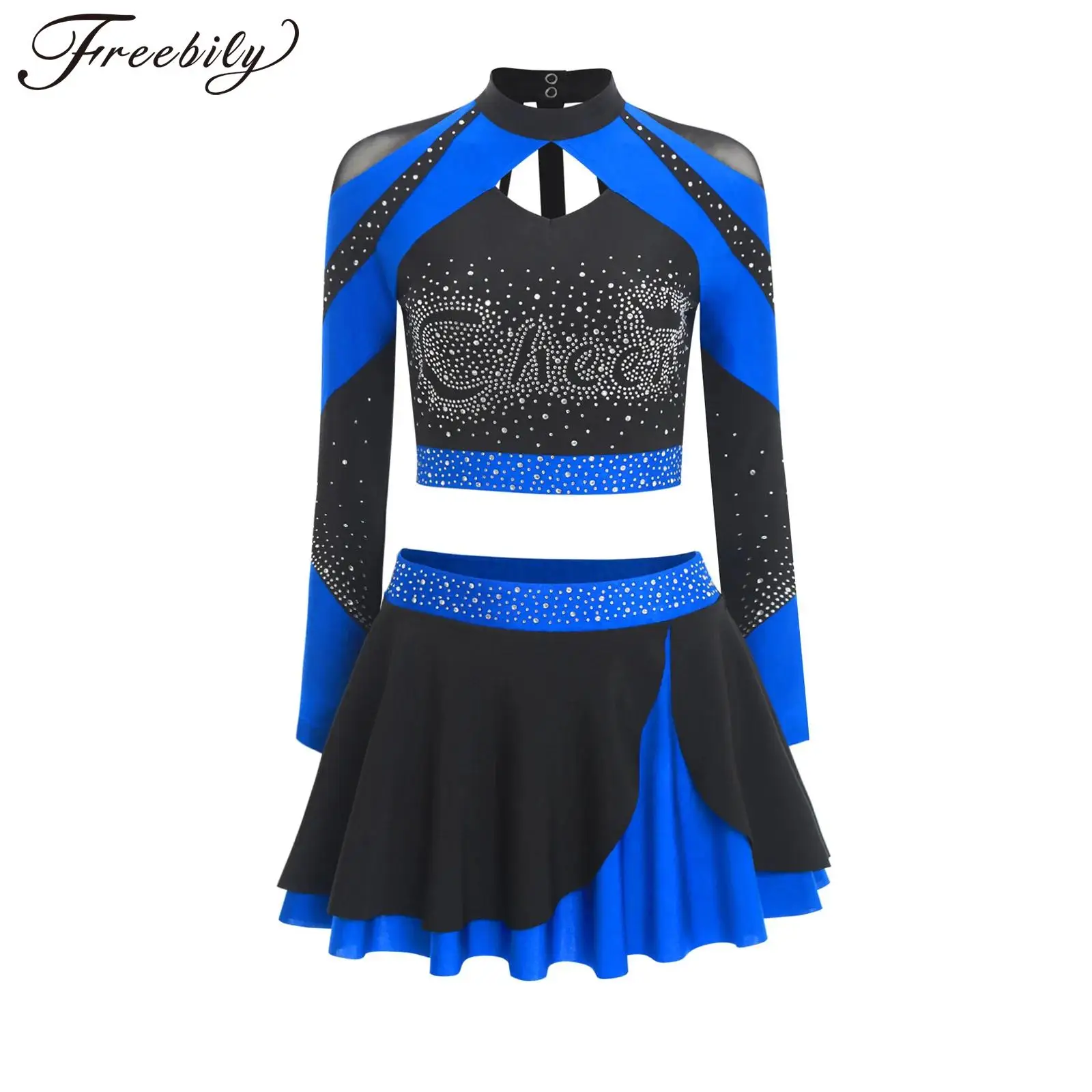 المرأة هالوين كرنفال الهتاف فريق تأثيري حلي لامعة حجر الراين التشجيع موحدة طويلة الأكمام المحاصيل الأعلى مع تنورة #1