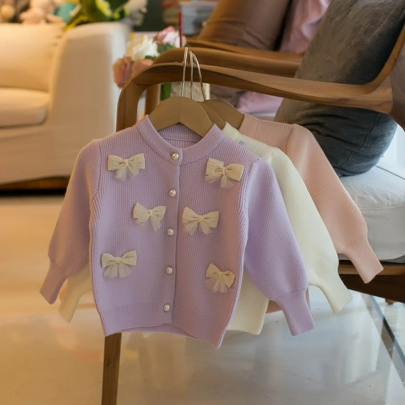 Spring and Autumn Girls' Bow Cardigan Sweater Children's Korean Version Top Elegant Lady Style Kids Toddler Girl Cardigan