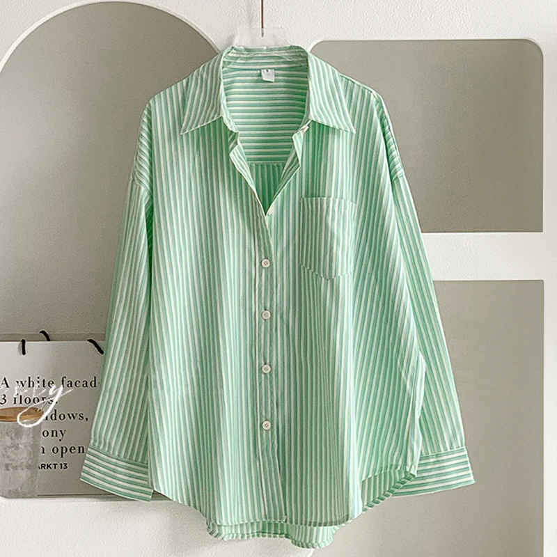 Pink Green Striped Shirt for Women Oversize Button-up Turn-down Collared Long Sleeve Blouse Ladies Tops Spring Summer Outfit