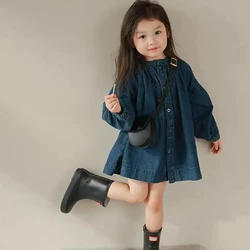 Fall Kawaii Girls Denim Dress Casual O Neck Single Breasted Children Dress Loose Fashion Long Sleeved Toddler Mini Dress