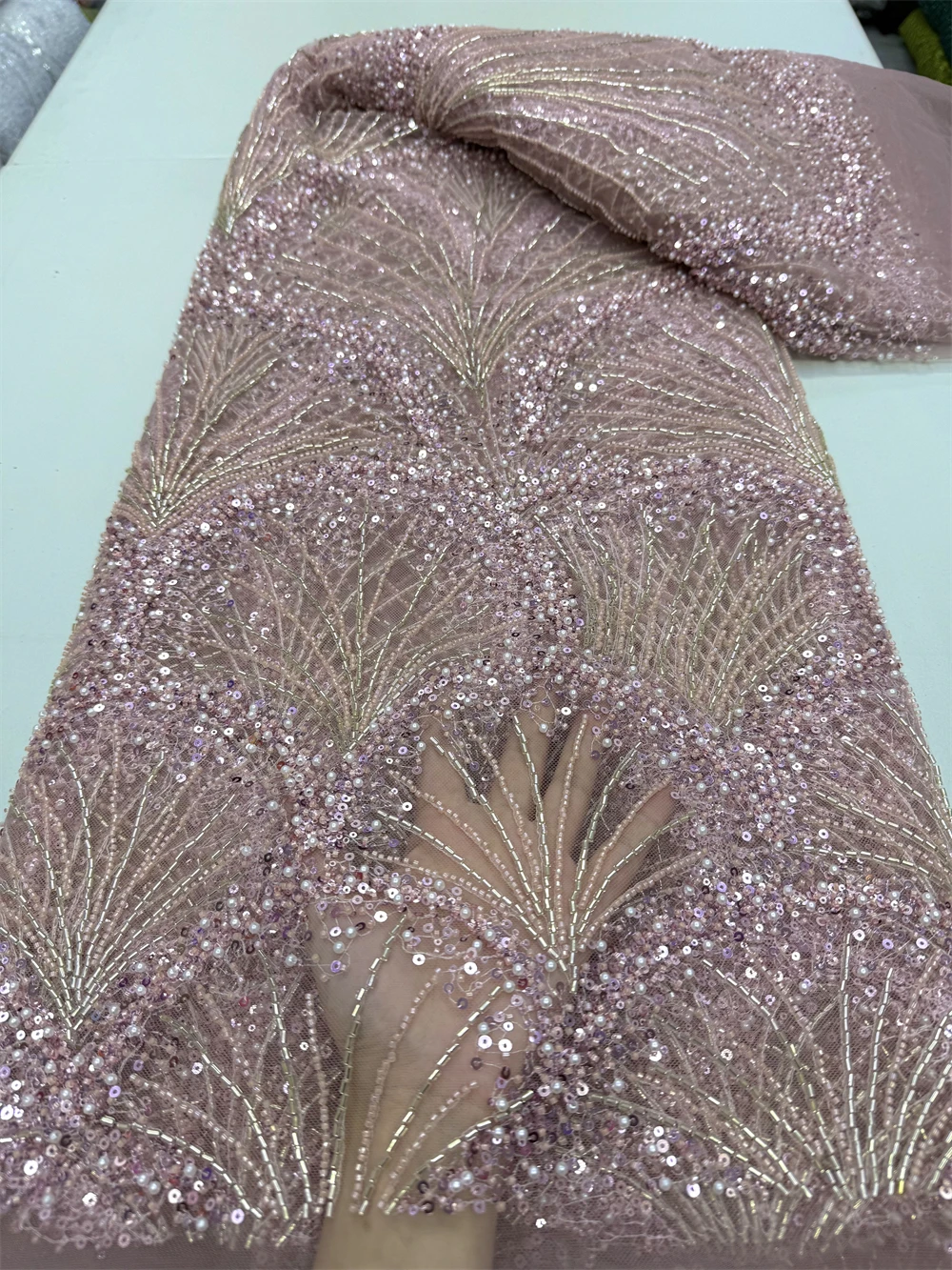 African Nigerian Tulle Lace Fabric, Sequins Sewing, Guipure Beads, Stone Embroidery Dresses, High Quality, 2024 5Yards, jy399