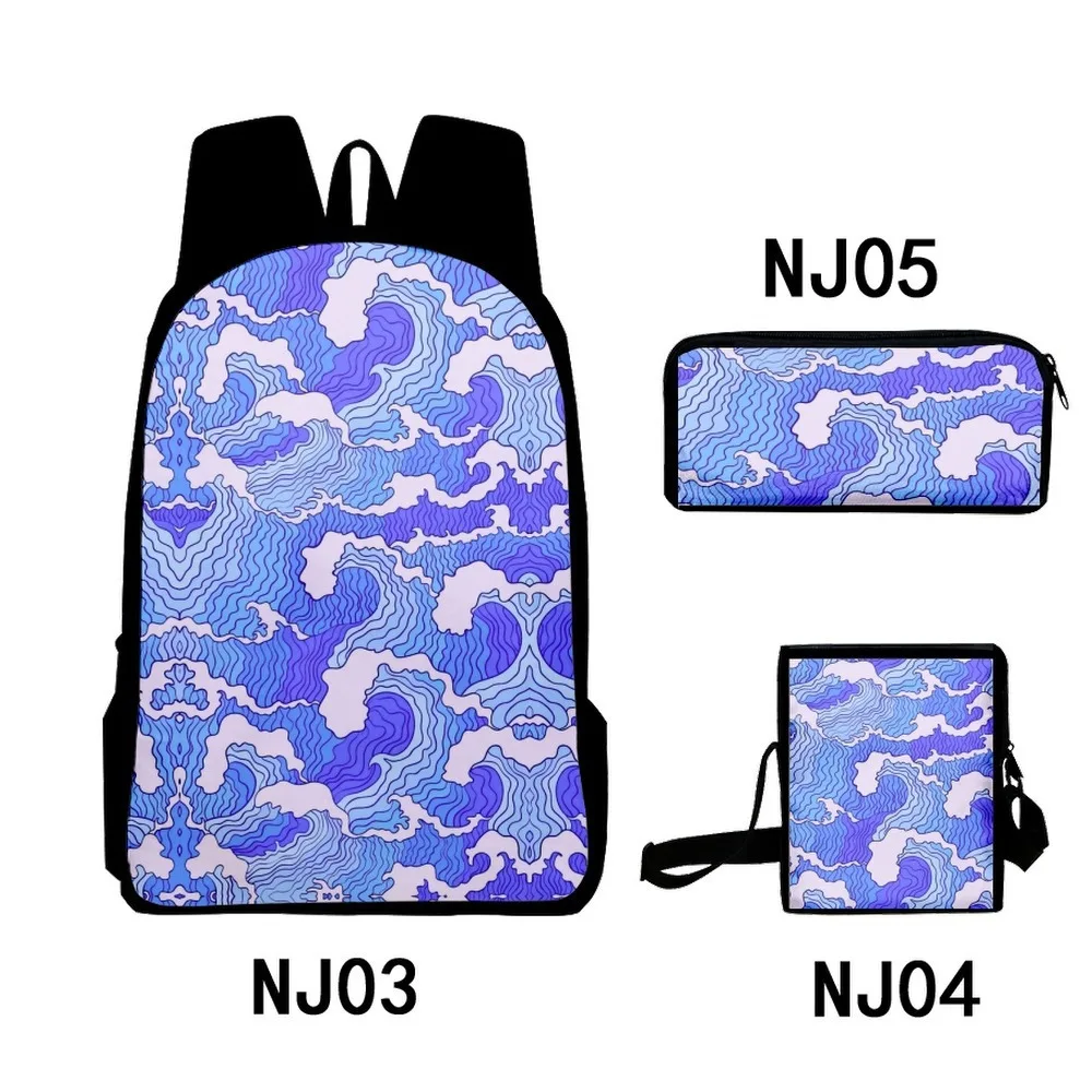 

Luxury Novelty Peculiar Cool Waves 3D Print 3pcs/Set pupil School Bags Laptop Daypack Backpack Inclined shoulder bag Pencil Case