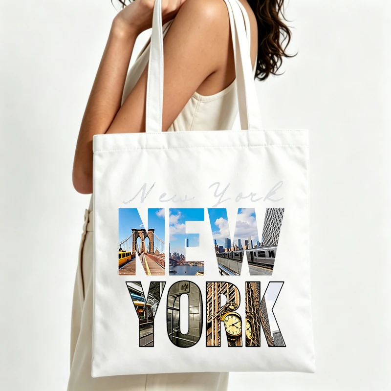 New York cityscape letter print canvas tote bag, urban style for daily shopping and casual outings