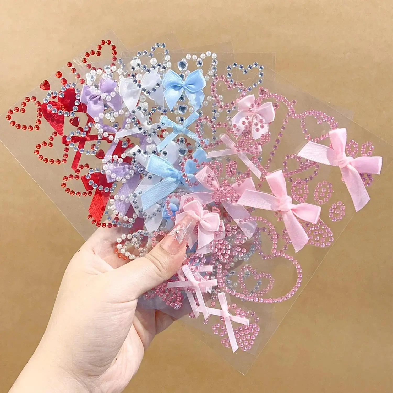 1 Sheet Red Ribbon Bow Sparkly Crafts Face Jewelry Crystal Diamond Tattoo Stickers Sweet Self Adhesive Heart Body Arts Party view 5