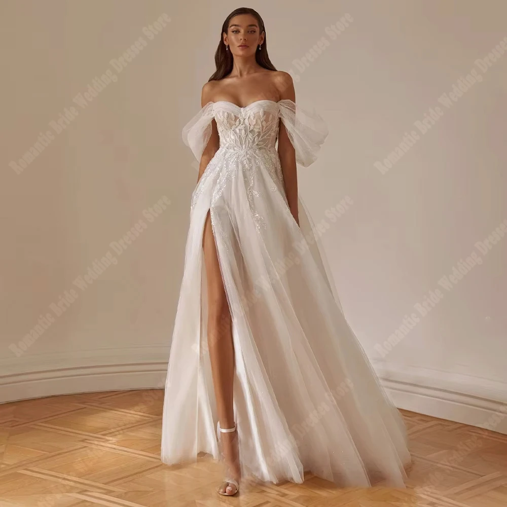 Sweetheart Collar Women Wedding Dresses Off The Shoulder Tulle  Mopping Length Party Bridal Gowns Engagement Banquet Customized