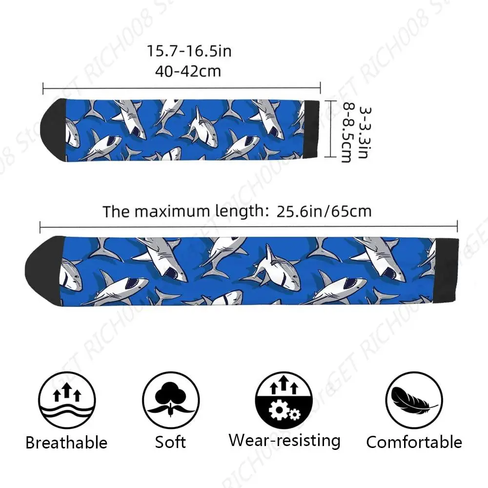 Shark Funny Socks Blue Cartoon Sharks Marine Underwater Predator Novelty Casual Crew Socks Color Design For Women Men Gift