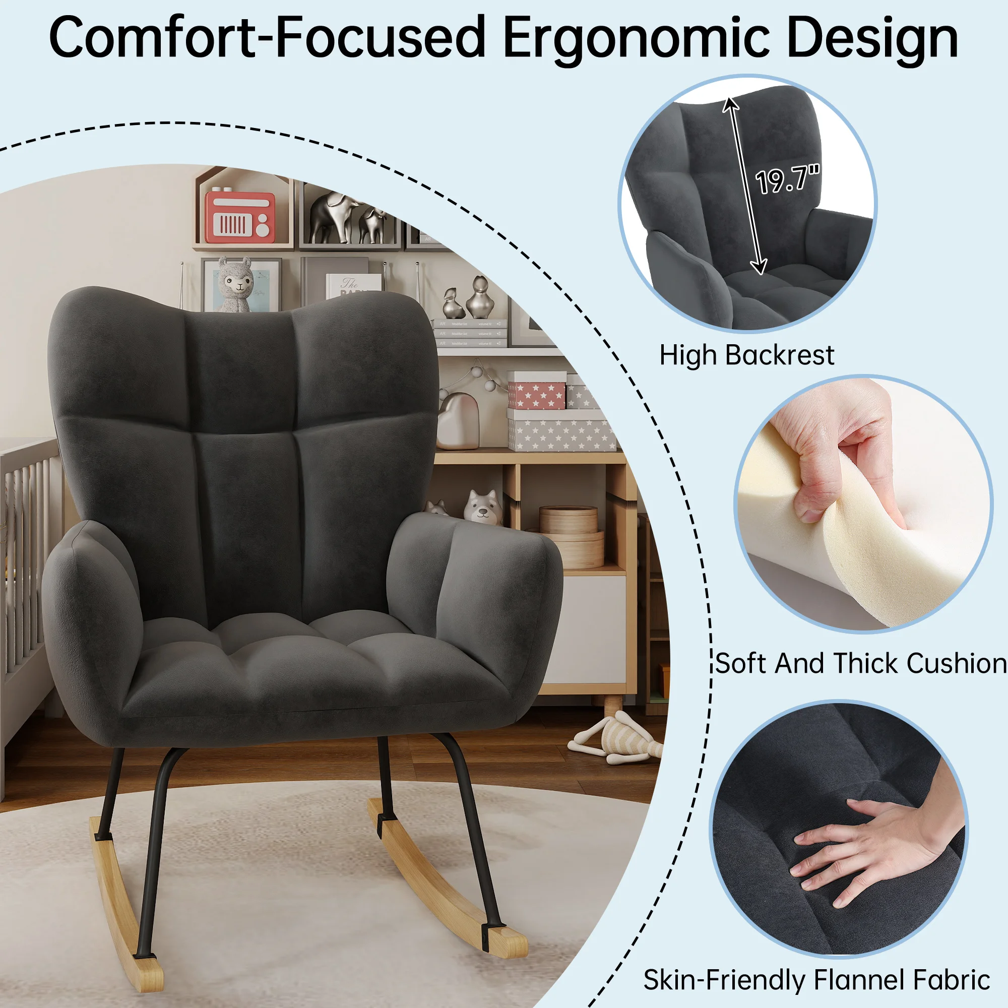 TUAREX High Back Nursery Rocking Chair, Modern Upholstered Glider Rocker, Comfy Indoor Accent Armchair for Bedroom Living Room