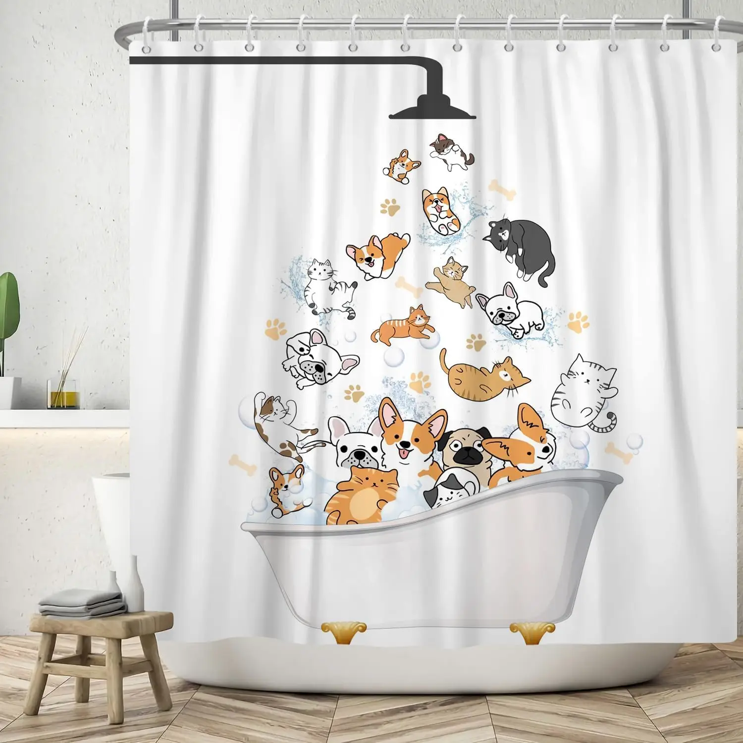 Cute Raining Cats Dogs Shower Curtain for Bathroom Decor Cartoon Animals Pets Playing Water in Bathtub Kids Bath Curtain Set