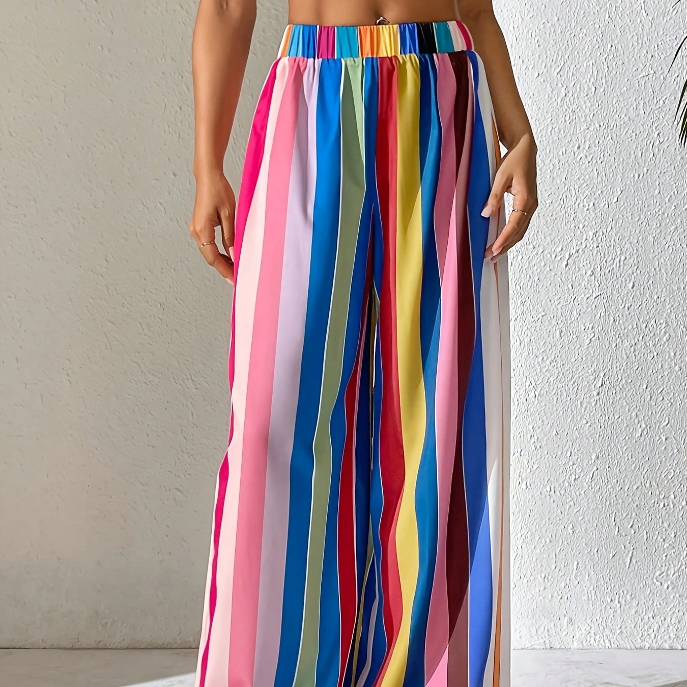 2026 Lässige und elegante Damen-Hose in Übergröße mit elastischem Bund, locker geschnitten, farbig gestreift, bequem, weites Bein, lange Hose – Detail 7