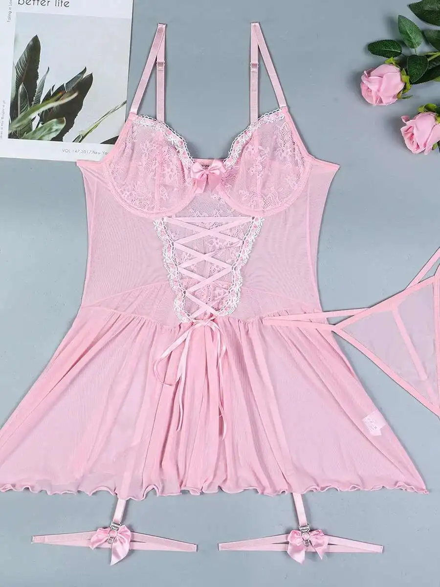 New Sexy Dress Erotic Underwear Set Transparent Porno Lace Sexy Bra And Panty Garter Set Lingerie Sexy Hot Erotic Sleepwear KGA5