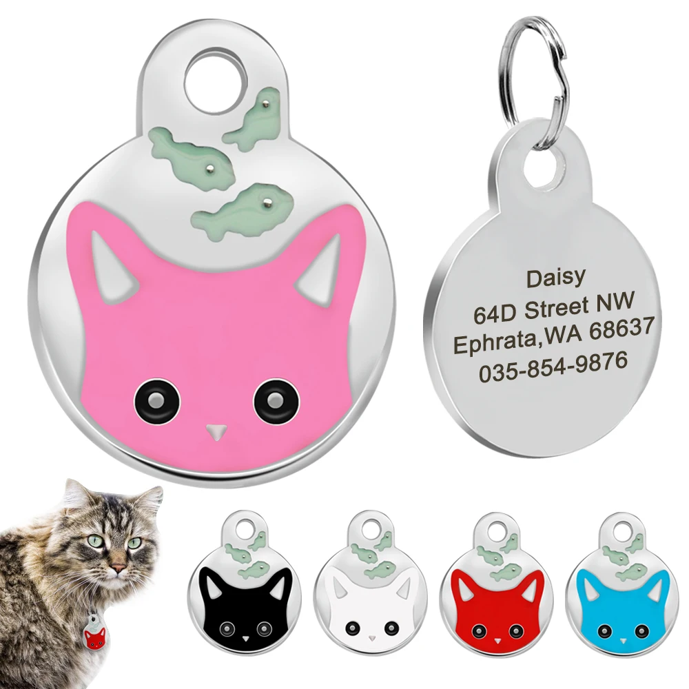 Cute Cat Tag Small Dog ID Tags Free Engraved Name Cats Kitten Name Tag Anti-lost Pet Collar Pendant Fish Shape&Cat Face Tags