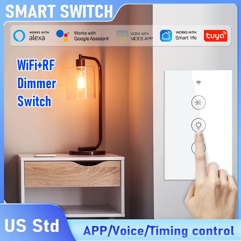 

Tuya Smart WiFi RF Dimmer Switch, App Timer Voice Control Touch Panel US Standard, 2.4GHz Intelligent Home Lighting Control
