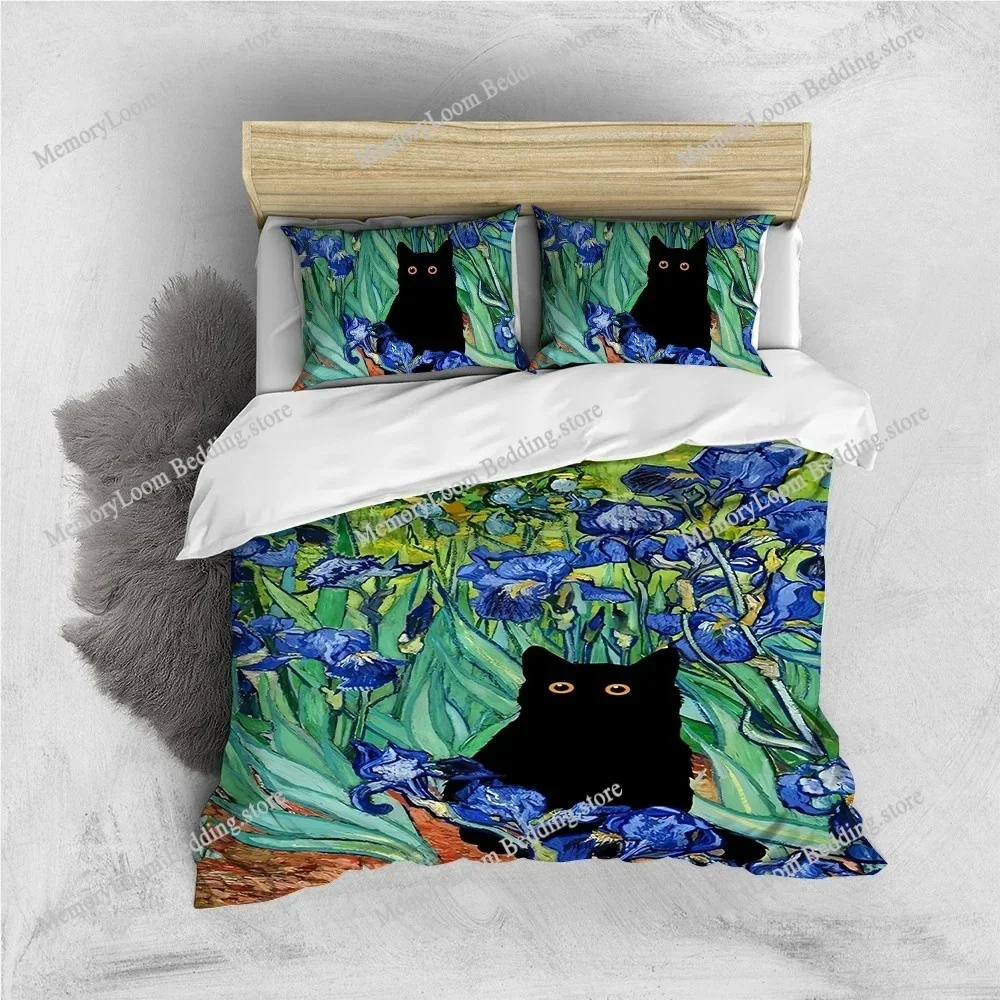 

Van Gogh Irises Black Cat Duvet Cover Set Home Style Bedding Soft Laundry Cotton Bed Four Seasons Student Dormitory Home Textile