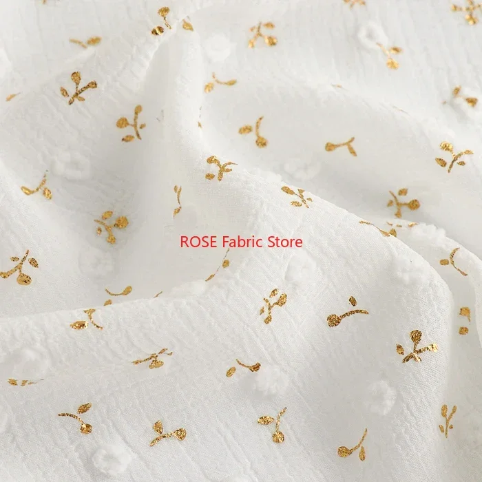 

Gold Cherry Bronzing White Chiffon Fabric Polka Dot Jacquard Pleated Fabric For Summer Blouse, Lace Top, Toddle Dress, Shirt