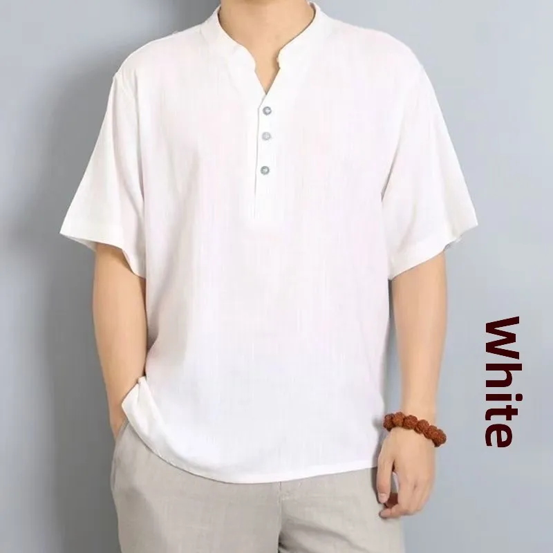 

New Men's Linen T-Shirt Pure Color Cotton Linen Shirt V-Neck Loose Fit plus Size Casual Wear Summer Short Sleeve Youth Top