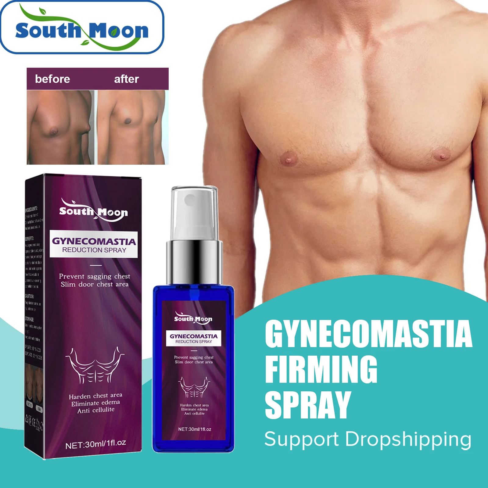 South Moon Gynecomastia Firming Spray Cellulite Reduction Muscle Accelerating Hardening Spray Tighten Chest Muscle Fitness 30ml