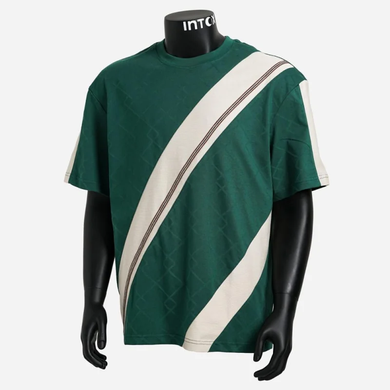 Men's South American Style T-Shirt with Diagonal Twill Pattern and Contrast Splicing, Loose Fit, Street Style, Short Sleeve, Cas