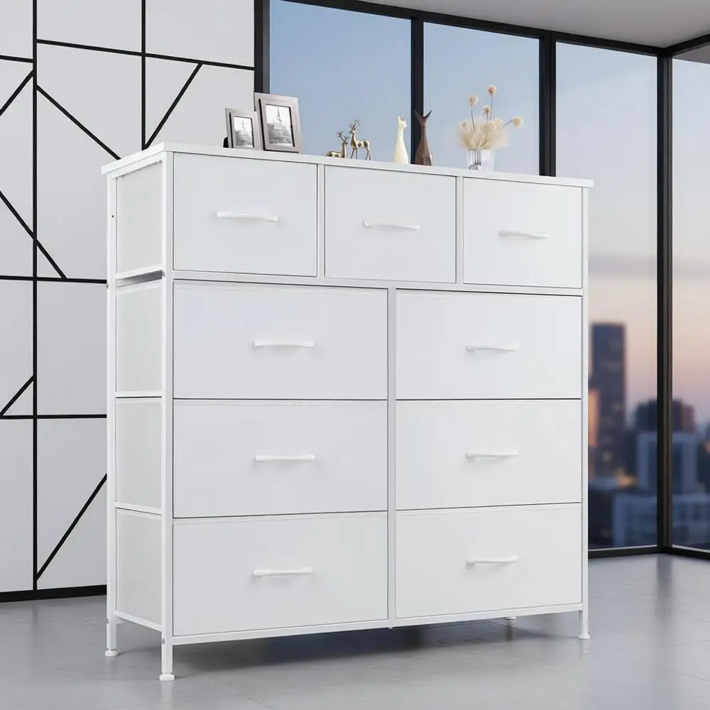 

Органайзер для хранения в спальне с 9 ящиками, тканевыми контейнерами, прочным металлическим каркасом, подходит для гостиной, гардеробной или прихожей, белый