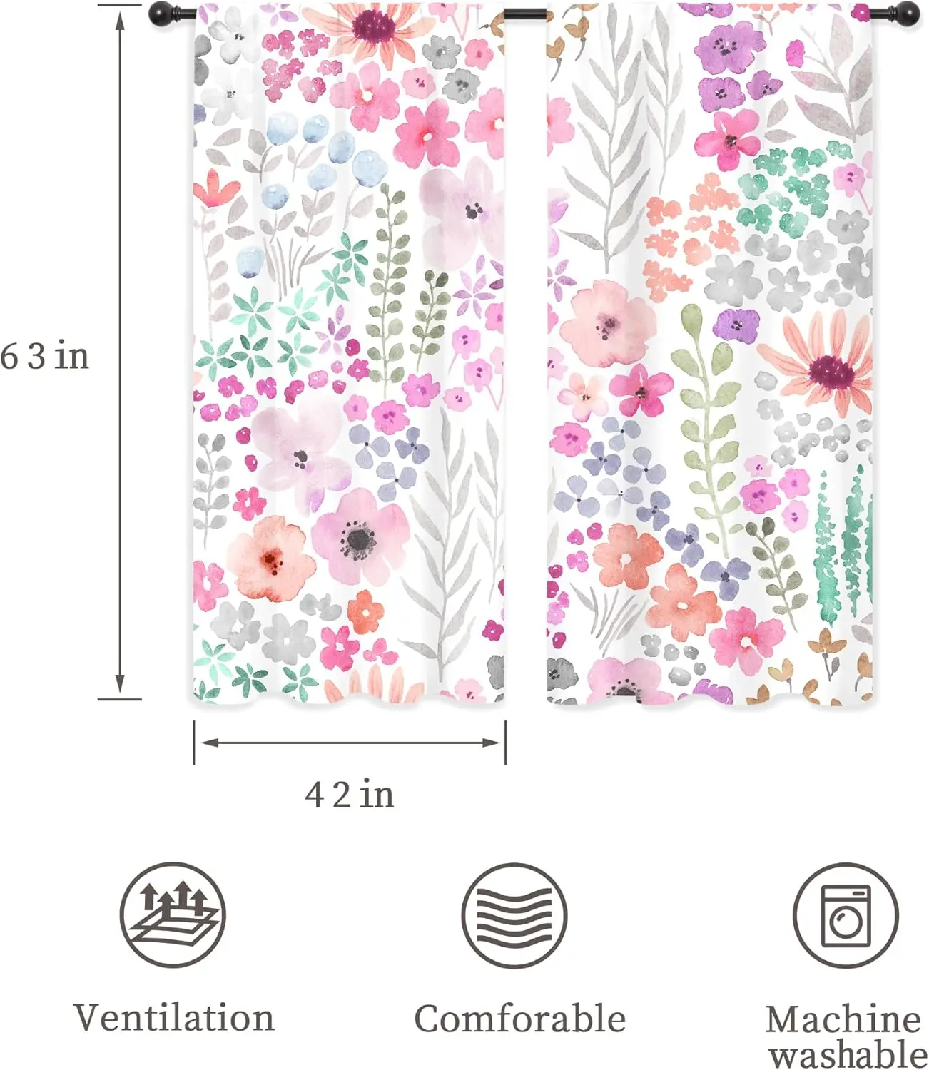 Purple Floral Colorful Curtains Cute Watercolor Flowers Leaves Plants Leaves Girly Botanical Modern Rod Pocket Preppy Funny
