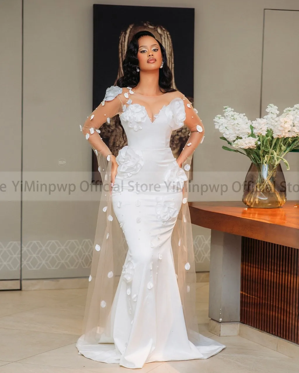 Nigeria Mermaid Wedding Dresses for Bride Sheer Neck Long Flare Sleeve 3D Floral Africa Prewedding Photoshoot Dress Customized