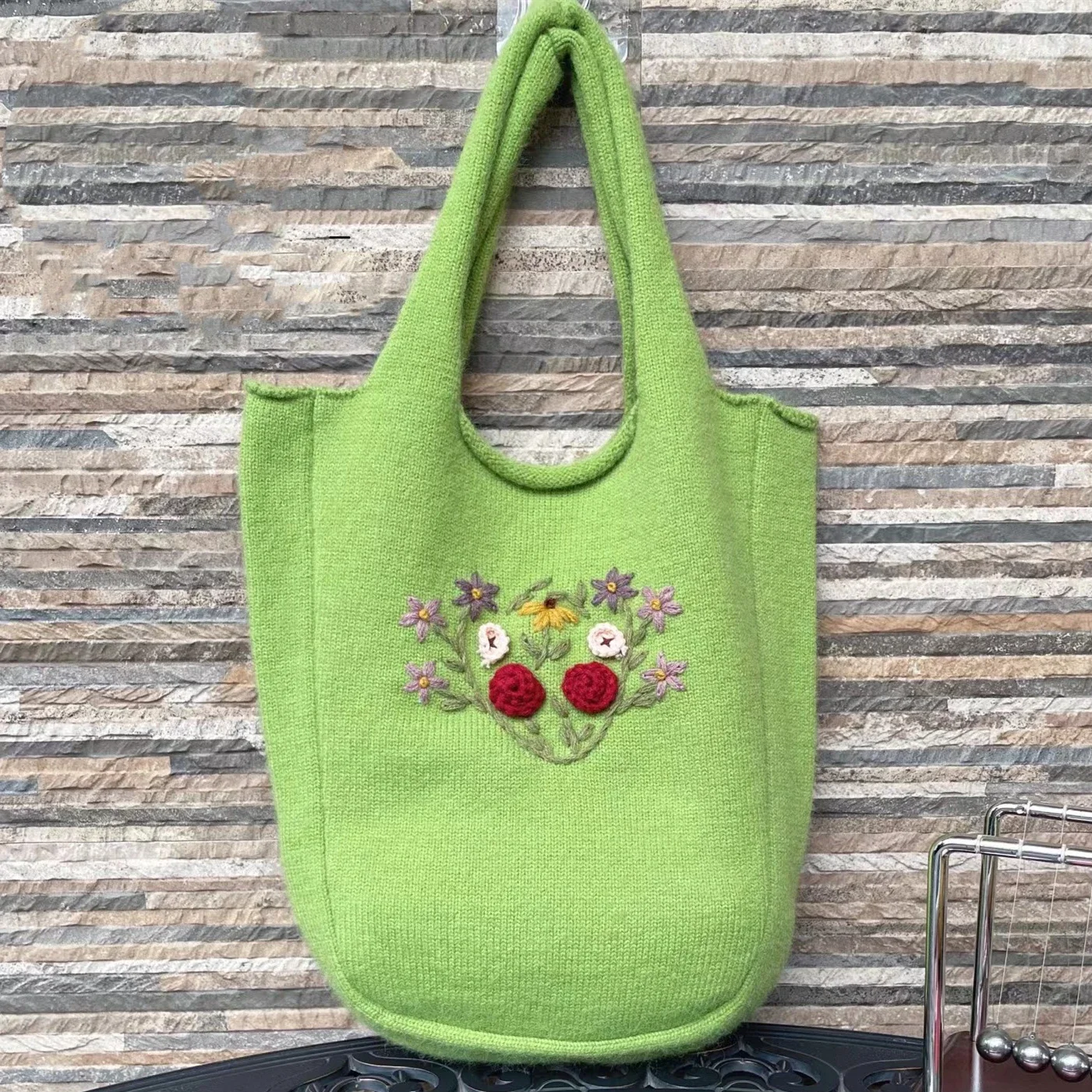 Women Handmade Embroidery Knitted Granny Aesthetic Cottage Core Bag Big Size Boho Hippie Shabby Retro Crochet Underarm Pouch Bag