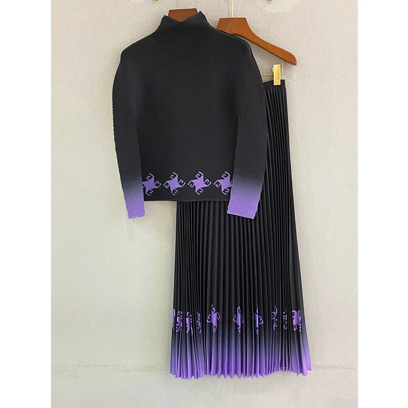 2022 Spring OL Suits Fashion Women's High Quality Long Sleeves T-shirt + Gradient Pleated Skirts Two Piece Set F147