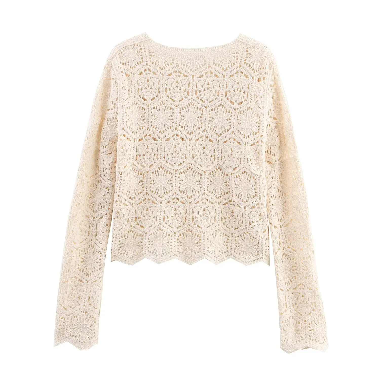 JNLEAOG Spring New Women's round Ne Long Sve Hollow out Wave Hem Knitted Open Cardigan Fairy Skirt Casual Sle Polyeste...